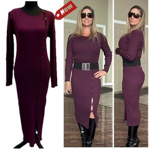 Calvin Klein maroon ribbed knit bodycon dress button detail long sleeve crewneck